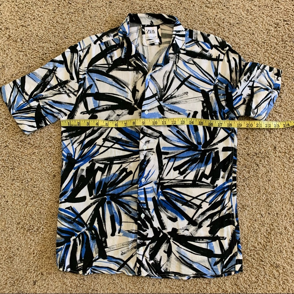 Zara Relaxed Fit Short Sleeve Button-Up Shirt   Blue and Black Palm Print Size S - Picture 14 of 15